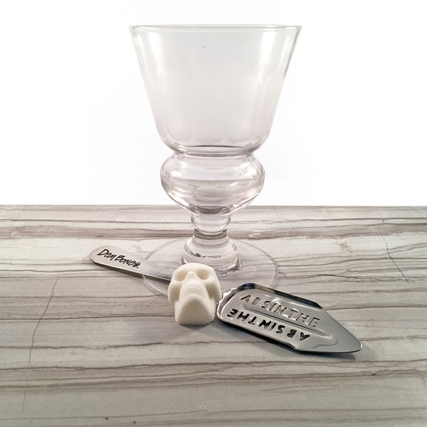 Absinthe Glass, Absinthe Spoon, Engraved  DemBones Logo, Skull Sauger Cube on Tile