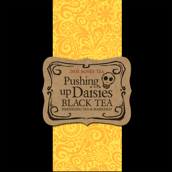 Back background with yellow graphics band, Kraft Label , DemBones Tea, Pushing Up Daisies Black Tea, Darjeeling with marigold petals