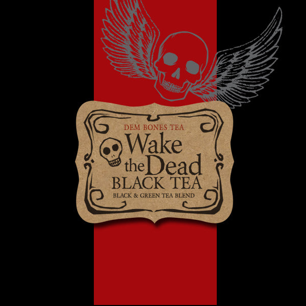 Black background with red band and skull with wings, Kraft Label, Dem Bones, Wake The Dead black tea, Black and green tea blend