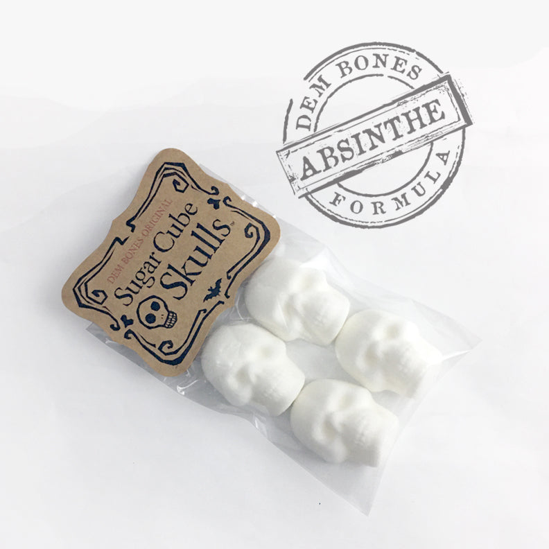 Bag of Sugar Cube Skulls with Kraft Hang tag, Rubber stamp on white background, words say Dem Bones Absinthe Formula