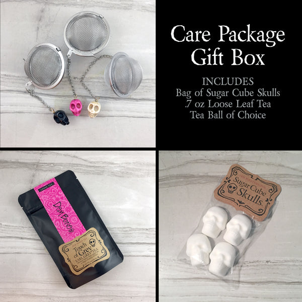 Care Package, Earl Grey Tea, Bag of Sugar Cube Skulls and Tea Ball with skull bead