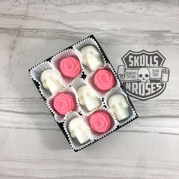 Skulls-N-Roses Sugar Cubes, Skull Shaped Sugar Cubes with Purple Roses