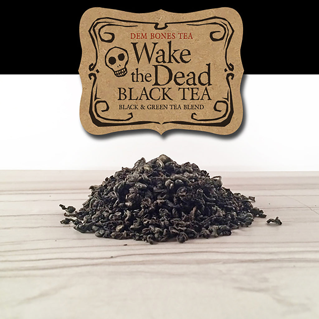 Tea on light tile, Kraft Label on black band, Dem Bones Tea, Wake The Dead, Black Tea, Black & Green Tea Blend