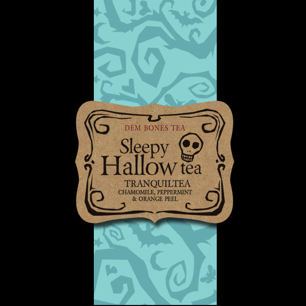 Black and turquoise color bands, kraft labels reads: DemBones Sleepy Hallow Tea, Tranquility, Chamomile, Peppermint. Orange Peel